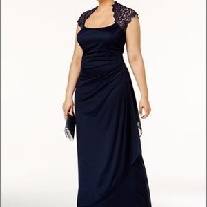Floor Length Navy Rouched Gown with Lace Back